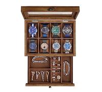 SONGMICS Colección GISELLA - Caja de Relojes con 8 Ranuras, Navidad, Estuche de Relojes de Madera de 2 Niveles con Tapa de Cristal, Almohadillas, Forro de Terciopelo, Nogal Rústico JOW008K01