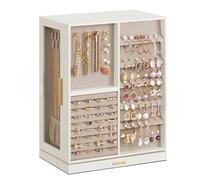 SONGMICS Colección GISELLA - Caja Joyero Giratorio 360°, Caja de Joyas con 5 Cajones, Ventanas de Cristal, Espacioso, Almacenamiento Vertical, Diseño Abierto, Idea de Regalo, Blanco Nube JBC201W01