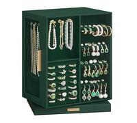 SONGMICS Colección GISELLA - Caja Joyero Giratorio 360°, Caja de Joyas con 5 Cajones, Ventanas de Cristal, Espacioso, Almacenamiento Vertical, Diseño Abierto, Idea de Regalo, Verde Bosque JBC170C01
