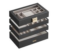 SONGMICS Caja Joyero con 4 Bandejas Apilables, Caja de Joyas Grande, Tapa de Cristal Transparente, 17 x 28 x 18,3 cm, para Cajón de Tocador, Idea de Regalo, Negro JBC164B01