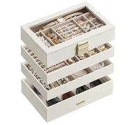 SONGMICS Colección GISELLA - Joyero Apilable, Caja de Joyas de 4 Capas Grande, Tapa de Cristal Transparente, para Cajón de Tocador, Idea de Regalo, Blanco Nube, 17 x 28 x 18,3 cm JBC164W01