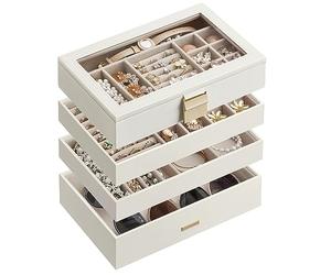 SONGMICS Colección GISELLA - Joyero Apilable, Caja de Joyas de 4 Capas Grande, Tapa de Cristal Transparente, para Cajón de Tocador, Idea de Regalo, Blanco Nube, 17 x 28 x 18,3 cm JBC164W01