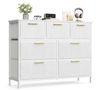 SONGMICS Cómoda Dormitorio, Tela de Pana, 7 Cajones | Mueble Organizador, 98,7 x 30 x 74,7 cm, Antivuelco, Salón, Blanco Nieve, Colección Gretha, LGS223W301