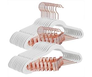 Songmics CRF014W01 Perchas Pantalones, 24 Piezas, 42 cm, Perchas con Pinzas Ajustables y Gancho Color Oro Rosa, Percha de Terciopelo Antideslizante, Ahorro de Espacio para Faldas, Blanco, Estándar
