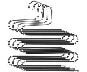 SONGMICS CRI043BK - Juego de 4 Perchas mágicas para Pantalones, Perchas de Acero Inoxidable de 5 Niveles, Organizador, Ahorro de Espacio, para Vaqueros, Pantalones, Toallas, Corbatas, Plata y Negro