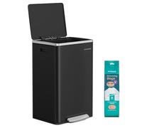 SONGMICS Cubo de Basura 50 L, Acero, Cierre Suave, con Tapa | Cubo de Basura con Asas, con 15 Bolsas de Basura, Bolsa de Plástico Extraíble, Negro Tinta, Colección PARY LTB595B02