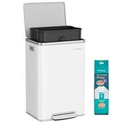 SONGMICS Cubo de Basura 50 L, Acero, Cierre Suave, con Tapa | Cubo de Basura con Asas, con 15 Bolsas de Basura, Cubo Interior Extraíble, Blanco, Colección PARY LTB595WC01