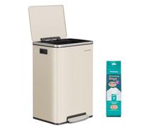 SONGMICS Cubo de Basura 50 L, con 15 Bolsas de Basura, Acero, Bolsa de Plástico Extraíble, con Tapa, Asas, Cierre Suave, Crema LTB595A02