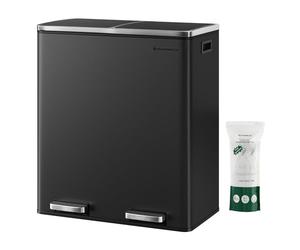 SONGMICS Cubo de basura con 2 compartimientos de 30L, Basurero de reciclaje con pedales de metal, Cubos interiores de plástico y tapa con bisagras, manijas, Cierre suave, Hermético, Negro LTB60BK
