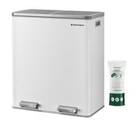 SONGMICS - Cubo de basura con doble compartimento de 2 x 30 L, con 15 bolsas de basura, pedal de metal, 2 cubos de plástico, tapas, asas, cierre suave, hermético, blanco y plata LTB60WT
