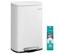 SONGMICS Cubo de Basura de 50 L, Basurero para Cocina, Cierre Suave, Pedal de Paso, Acero, Cubeta Interior, Blanco LTB101W01