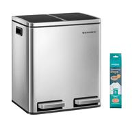 SONGMICS Cubo de Basura de Cocina, 2 x 15 L, Cubo con Cubeta Doble para Reciclaje y Residuos, con Pedal, Tapas de Cierre Suave, para Familias Pequeñas, Acero, Plata Metálico y Negro Tinta LTB30H