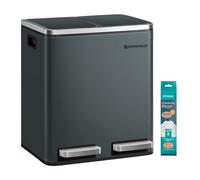 SONGMICS Cubo de Basura de Cocina, 2 x 15 L, Cubo con Cubeta Doble para Reciclaje y Residuos, con Pedal, Tapas de Cierre Suave, para Familias Pequeñas, Acero, Gris Verdoso LTB30GS