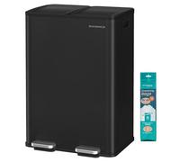 SONGMICS Cubo de Basura de Cocina, 2 x 30 L, 2 Compartimentos, Papelera de Pedal, con Tapa de Cierre Suave y Cubo Interior, Acero, Incluye 15 Bolsas de Basura, Negro Tinta LTB741B02