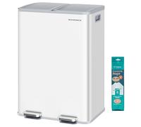 SONGMICS Cubo de Basura de Cocina, 2 x 30 L, Acero Inoxidable | 2 Compartimentos, Papelera de Pedal, con Tapa de Cierre Suave y Cubo Interior, Incluye 15 Bolsas de Basura LTB741W02