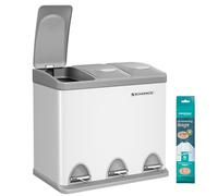 SONGMICS Cubo de Basura de Cocina, Basurero Clasificador 3 x 8 L, Capacidad Pequeña, con Tapas, Triple Cubo de Acero para Familias Pequeñas, Pedales y Cubos, Blanco y Gris LTB24WT