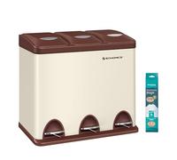SONGMICS Cubo de Basura de Cocina, Basurero Clasificador 3 x 8 L, Capacidad Pequeña, con Tapas, Triple Cubo de Acero para Familias Pequeñas, Pedales y Cubos, Blanco Crema y Marrón LTB024A01