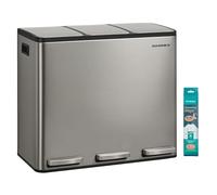SONGMICS Cubo de Basura de Cocina de 3 x 18 L, con 3 compartimentos, 15 Bolsas, Cubos Extraíbles, Tapa, Asas, Cierre Suave, Acero Inoxidable, Plata LTB254EZ01