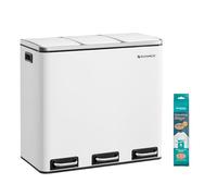 SONGMICS Cubo de Basura para Cocina, 3 x 18 L, 3 Compartimentos para Reciclaje, 15 Bolsas, Restos de Comida, Tapas de Cierre suave, Pedales, Cubetas, Acero, Blanco Nube LTB54WT