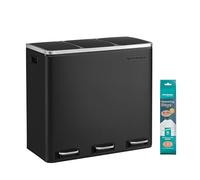 SONGMICS Cubo de Basura para Cocina, 3 x 18 L, 3 Compartimentos para Reciclaje, 15 Bolsas, Restos de Comida, Tapas de Cierre suave, Pedales, Cubetas, Acero, Negro Tinta LTB54BK