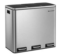 SONGMICS Cubo de Basura para Cocina, 3 x 18 L, 3 Compartimentos para Reciclaje, 15 Bolsas, Restos de Comida, Tapas de Cierre suave, Pedales, Cubetas, Acero, Plata Metálico y Negro Tinta LTB54NL