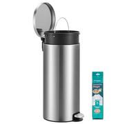 SONGMICS Cubo de Basura Redondo, Basurero con 15 Bolsas, Pedal de Metal, Cubeta Interior Extraíble de Plástico, Asa, Cierre Amortiguado, Acero Inoxidable, 30 L, Plateado LTB031EZ02