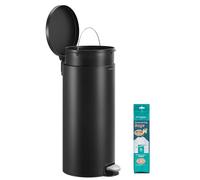 SONGMICS Cubo de Basura Redondo, Basurero con 15 Bolsas, Pedal de Metal, Cubeta Interior Extraíble de Plástico, Asa, Cierre Amortiguado, Acero, 30 L, Negro Tinta LTB031BZ02