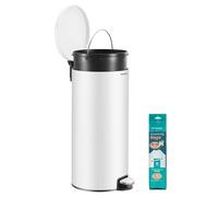 SONGMICS Cubo de Basura Redondo, Basurero con 15 Bolsas, Pedal de Metal, Cubeta Interior Extraíble de Plástico, Asa, Cierre Amortiguado, Acero, 30 L, Blanco Nube LTB031WZ02