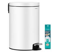 SONGMICS Cubo de Basura Redondo, Basurero con 15 Bolsas, Pedal de Metal, Cubeta Interior Extraíble de Plástico, Asa, Cierre Amortiguado, Acero, 20 L, Blanco Nube LTB021WZ01