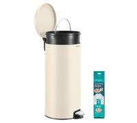 SONGMICS Cubo de Basura Redondo, Pedal de Metal, Acero, 30 L | Basurero con 15 Bolsas, Cubeta Interior Extraíble de Plástico, Asa, Cierre Amortiguado, Colección PLUSHIC, LTB031AZ02