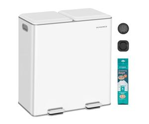 SONGMICS Cubo de Cocina, 2 x 30 L, Papelera Doble para Residuos y Reciclaje, con Tapas de Cierre Suave, Cubos Interiores Extraíbles, Pedales, Acero, Blanco Nube LTB743W02