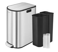SONGMICS Cubo de cocina doble, 30 L y 20 L, doble compartimento, contenedor delgado para reciclaje y residuos, cubo de pedal con tapas de ala, plateado metálico LTB570E50