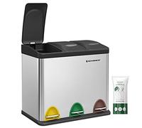 SONGMICS Cubo Triple para Cocina, 24 L, 3 x 8 L, Pedal, Acero | Sistema de Separación de Residuos, con Tapa, Plata y Negro Tinta, Colección ISLAND LTB24L