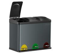 SONGMICS Cubo Triple para Cocina, Basurero de Reciclaje, Pedal, de Metal 45 L, Sistema de Separación de Residuos, 3 x 15 L, con Tapa, Acero, Gris LTB45G