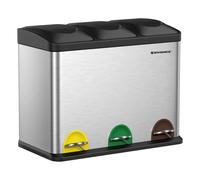 SONGMICS Cubo Triple para Cocina, Cubo Basura de Reciclaje, Pedal, Cubo de Basura de Metal 45 L, Sistema de Separación de Residuos Cubo para Cocina, 3 x 15 L, con Tapa, Acero, Plata/Blanco/Negro/Gris