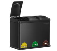 SONGMICS Cubo Triple para Cocina, Cubo Basura de Reciclaje, Pedal, Cubo de Basura de Metal 45 L, Sistema de Separación de Residuos Cubo para Cocina, 3 x 15 L, con Tapa, Acero, Negro LTB45B