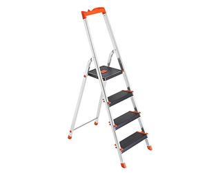 SONGMICS Escalera de 4 Peldaños, Escalera de Aluminio con Peldaños de 12 cm de Profundo, Plegable, Bandeja y Pies Antideslizantes, Carga de 150 kg, Negro y Naranja GLT04BK