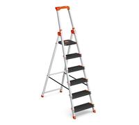 SONGMICS Escalera de 6 Peldaños, Escalera de Aluminio con Peldaños de 12 cm de Profundo, Plegable, Bandeja y Pies Antideslizantes, Carga de 150 kg, Negro y Naranja GLT06BK