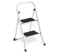 SONGMICS Escalera de Tijera, Escalera con 2 PeldaÑos, PeldaÑo Plegable, Bloqueo de Seguridad, FÁcil de Guardar, Carga hasta 150 kg, Blanco Simple GSL12WT
