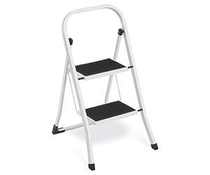SONGMICS Escalera de Tijera, Escalera con 2 PeldaÑos, PeldaÑo Plegable, Bloqueo de Seguridad, FÁcil de Guardar, Carga hasta 150 kg, Blanco Simple GSL12WT