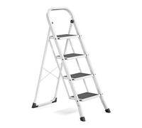 SONGMICS Escalera de Tijera, Escalera con 4 Peldaños, Peldaño Plegable, Bloqueo de Seguridad, Fácil de Guardar, Carga hasta 150 kg, Blanco GSL004WZ01