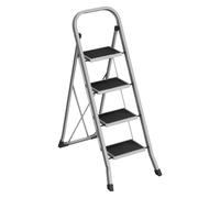 SONGMICS Escalera de Tijera, Escalera con 4 Peldaños, Peldaño Plegable, Bloqueo de Seguridad, Fácil de Guardar, Carga hasta 150 kg, Gris Paloma/Blanco/Negro