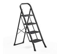 SONGMICS Escalera de Tijera, Escalera con 4 Peldaños, Peldaño Plegable, Bloqueo de Seguridad, Fácil de Guardar, Carga hasta 150 kg, Negro GSL004BZ01