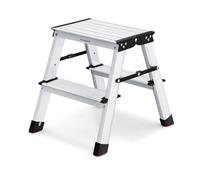 SONGMICS Escalera Plegable 2 Peldaños, Aluminio, Antideslizante | Taburetes Plegables, 34,5 x 45,2 x 38 cm, 150 kg, Ligera para Hogar, Plateado y Negro, Colección Brody, GLT012E01