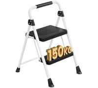 SONGMICS Escalera Plegable 2 Peldaños, Steel Folding Ladder Antideslizante, | Escalera Pequeña Plegable Escalera Pequeña para Cocina Hogar Oficina y DIY, Carga Máxima 150kg, Blanco,GSL302WZ01