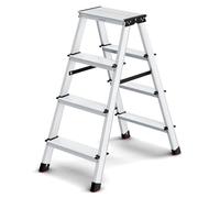 SONGMICS Escalera Plegable, Escalera de Mano, Escalera de Aluminio con 4 Peldaños Antideslizantes, Multifuncional, Carga de 150 kg, Gris Plata y Negro Tinta GLT014E01