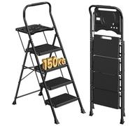 SONGMICS Escaleras Plegables, 4 Steps Folding Ladders con Bandeja | Plegable Ladder for Home, Office, Garden, Load 150 kg, Non-Slip Pedals, 161 x 45.5 x 7.5 cm, Negro GSL204BZ01