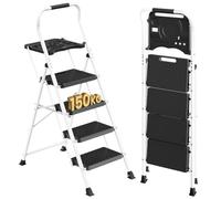 SONGMICS Escaleras Plegables, 4 Steps Folding Ladders con Bandeja | Plegable Ladder for Home, Office, Garden, Load 150 kg, Non-Slip Pedals, 161 x 45.5 x 7.5 cm, Blanco GSL204WZ01