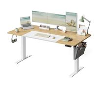 SONGMICS Escritorio Eléctrico, Regulable en Altura, 160 x 70 cm, Regulación Continua, 4 Alturas de Memoria, Roble Natural y Blanco Mate LSD026N01