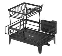 SONGMICS Escurreplatos, Escurridor para Encimera de Cocina de 2 Niveles, Giratorio 360° y Extensible, con Soporte para Cubiertos, 31 x 42 x 36,5 cm, Negro Tinta Negro